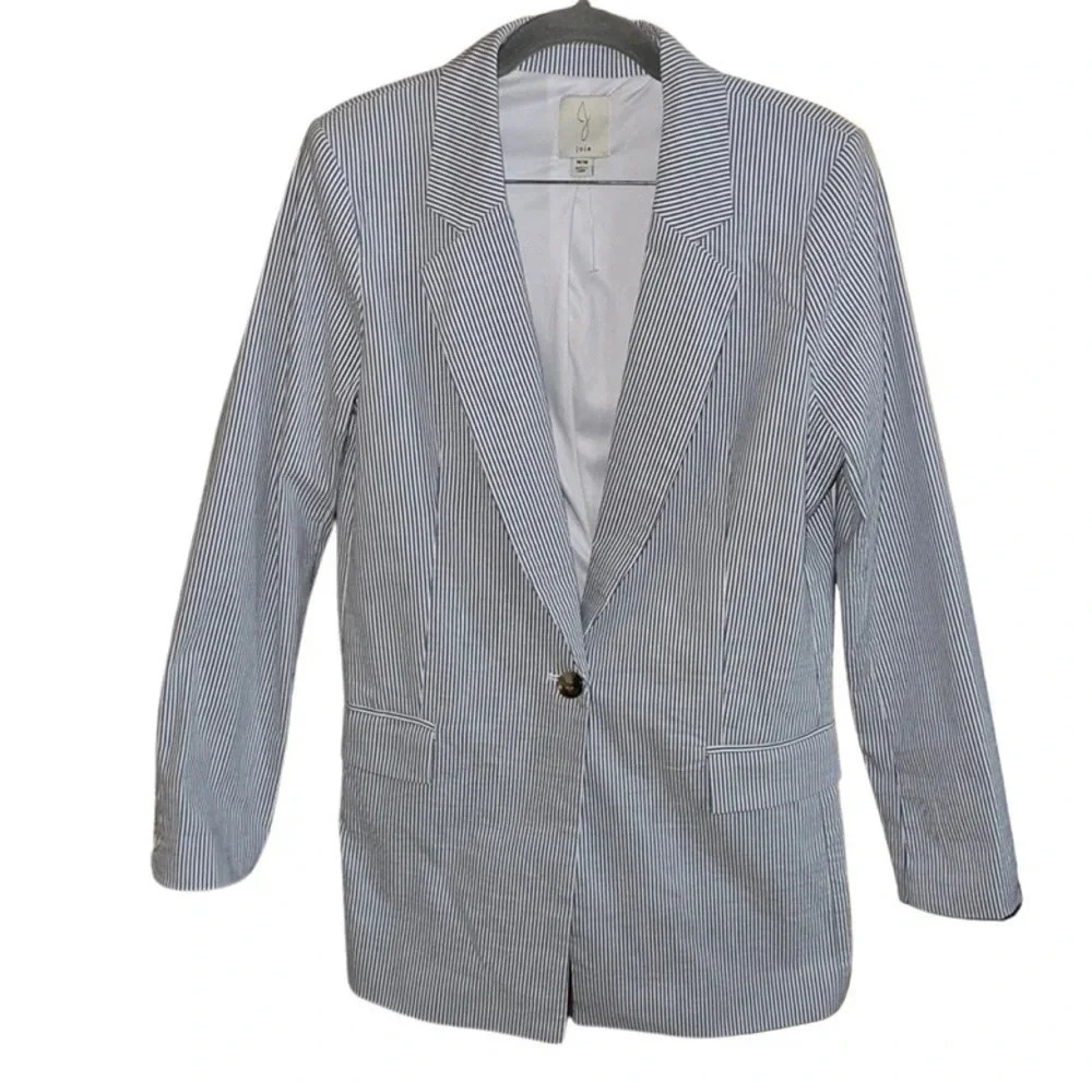 Joie Blue White Oversized Seersucker Striped Boyfriend Blazer Size Medium